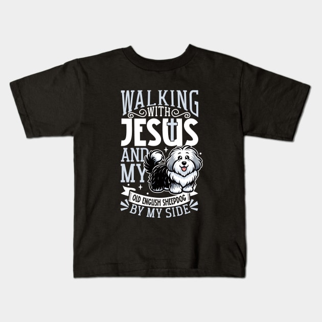 Jesus and dog - Old English Sheepdog Kids T-Shirt by Modern Medieval Design